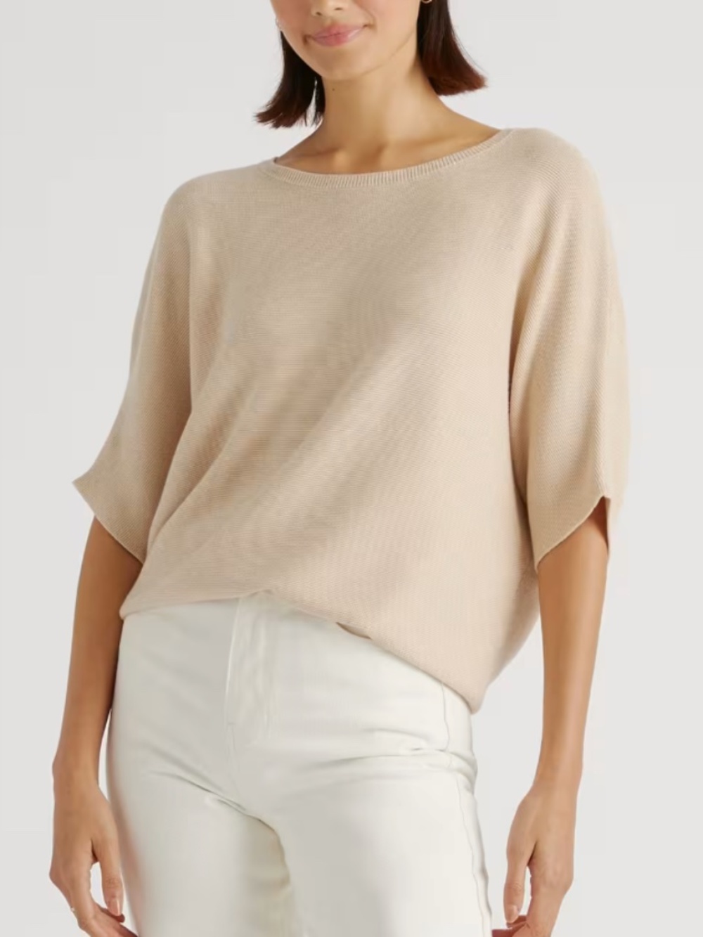 Quince Beige Short Sleeve Knit Sweater Relaxed Boxy Oversized Small
